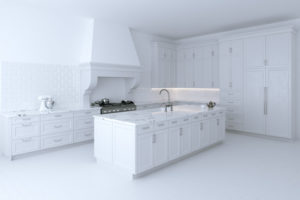 Luxurious white kitchen cabinet with cooking island