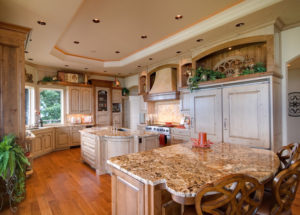 beautiful, large kitchen interior in new luxury home with island
